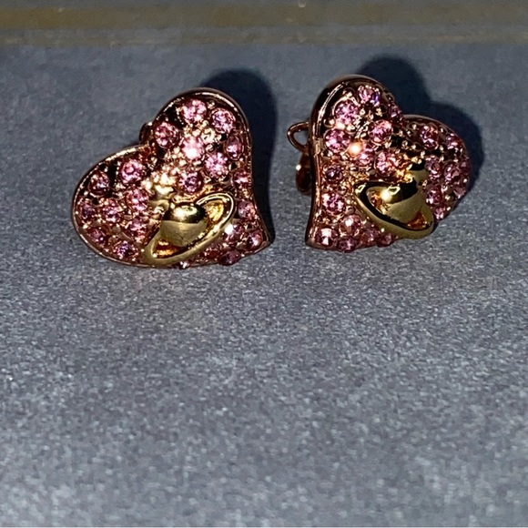 Vivienne Westwood Timy Diamante Heart Earrings Pink and Gold - Picture 9 of 16